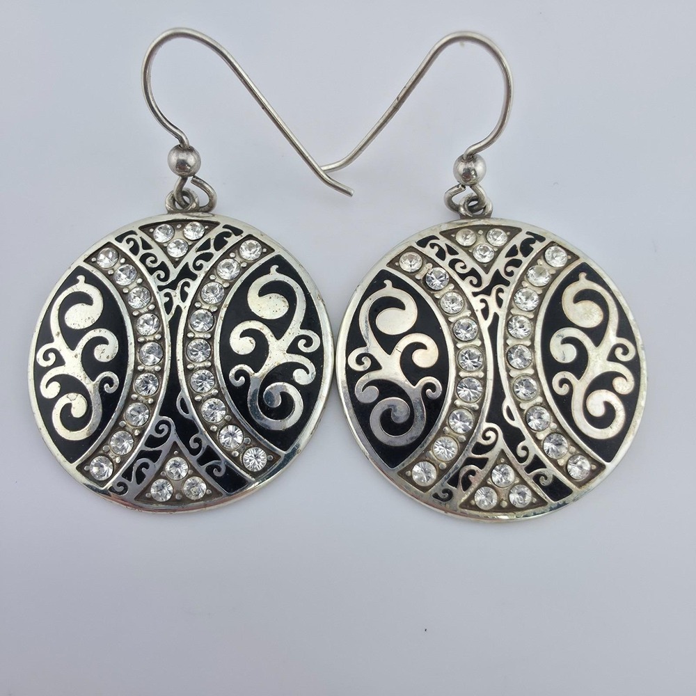 BRIGHTON Earrings SWAROVSKI Crystals Scrollwork Black Enamel Silver Plate 1.5"